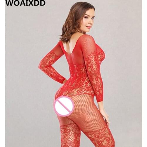 Sexy Lingerie Mesh Teddies Long-sleeve Porno Open Crotch Jumpsuit Hollowed Out Erotic Lingerie femme BodyStockings Women Costume