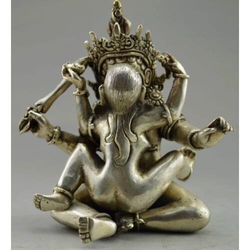 Elaborate Chinese Collectible Decorated Old Handwork Tibetan Silver Buddha Make Love Statue