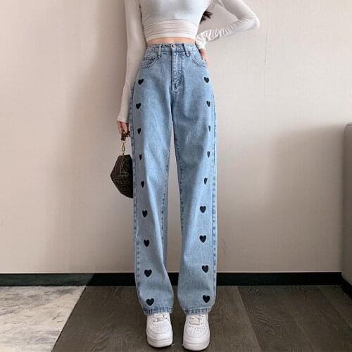 2021 New Wide Leg Jeans Women Love Embroidery Vintage Harajuku Loose Casual Denim Pants Summer Street High Waist Woman Trousers