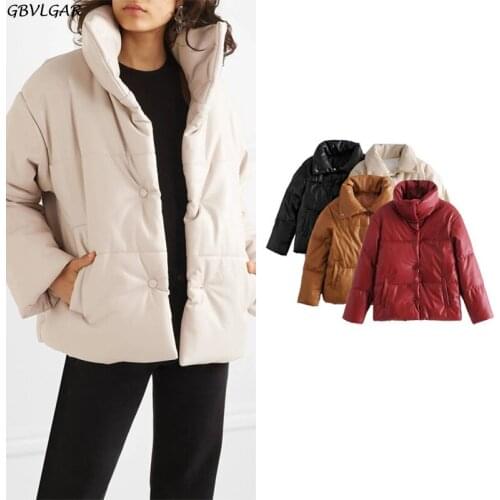 Women Fashion PU Leather Parkas Thick Warm Padded Jacket Coat Elegant Long Sleeve Winter Thick Cotton Jackets Loose Outerwear