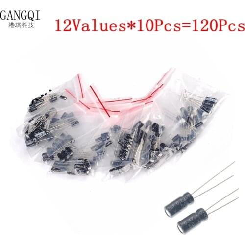 120pcs 1set of 120pcs 12 values 0.22UF-470UF Aluminum electrolytic capacitor assortment kit 50v 0.22uf 0.47uf 25v 10uf 1uf 16V