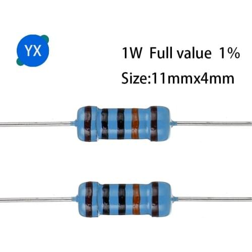20PCS 1W Metal Film Resistor 1% Five-color Ring Power Resistor 0.1~1M 1R 2R 4.7R 10R 47R 100R 220R 470Rohm 1K 2.2K 10K 4.7K 100K