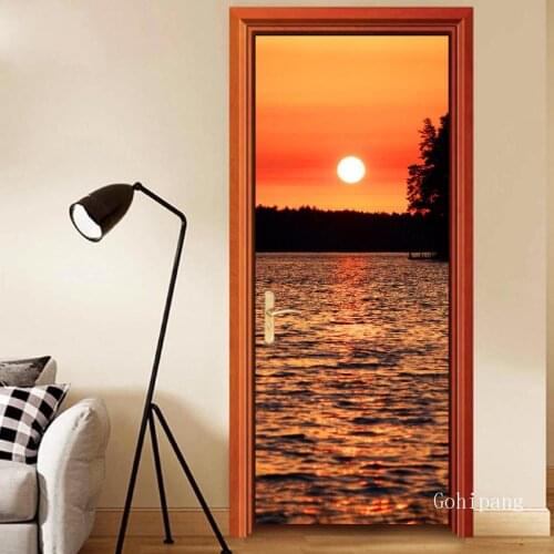 The Sea and The River Sunset 3D Wall Sticker Door Stickers Living Room Bedroom Wallpaper Pvc Self-Adhesive Waterproof Home Decor