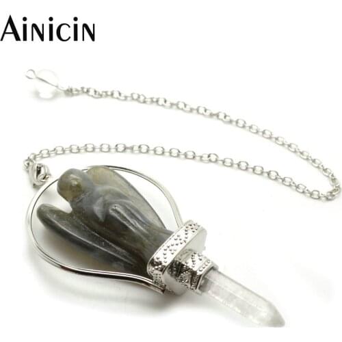 5pcs Natural Semi-precious Stone Sky Angle Pendulum of Soul Labradorite Carved Pendants 7.8'' Stainless Steel Chain
