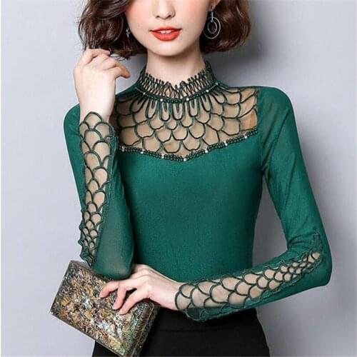 Women Blouse Tops Spring Autumn Mesh Patchwork Lace Blouses Female Long Sleeve Shirts Beading Hollow Out Shirt Oversize 4XL A778