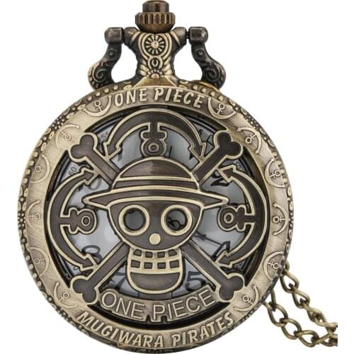 Harajuku Hollow Bronze Copper One Piece Theme Skull Pattern Quartz Pocket Watch for Men Women Kids Gift Retro Necklace Fob Watch