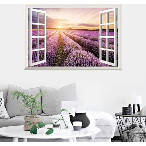 False window landscape Provence Lavender Wall Stickers PVC Material Lavender Wall Decals For Living room Bedroom Decor Murals
