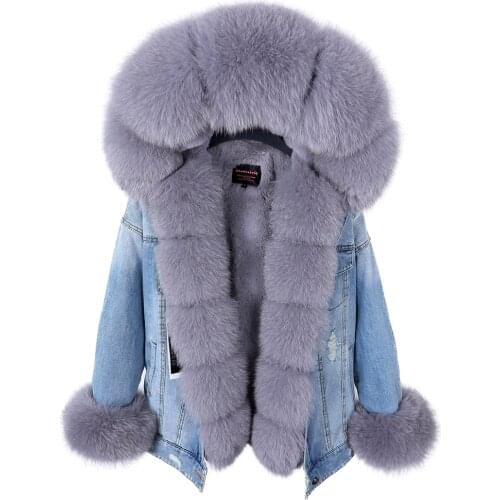 Maomaokong natural rabbit fur lined denim jacket fox fur coat fashion denim coat fox fur warm lady winter jacket women parka