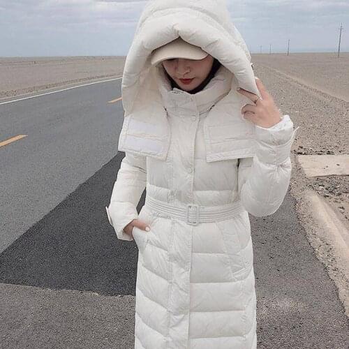 JuneLove Women Winter Warm Casual Long Down Coats Vintage Female White Duck Down Jackets Lady Sashes Hooded Thick Outerwears