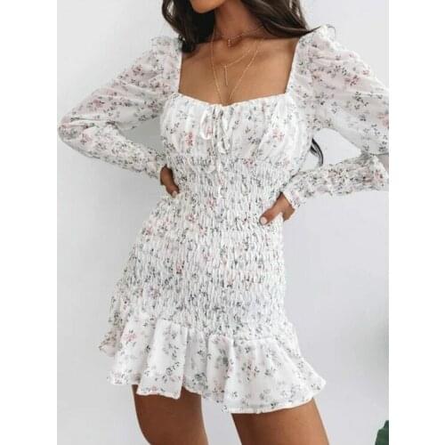 Summer Women Bodycon Floral Mini Dress Fashion Lady Square Collar Puff Sleeve