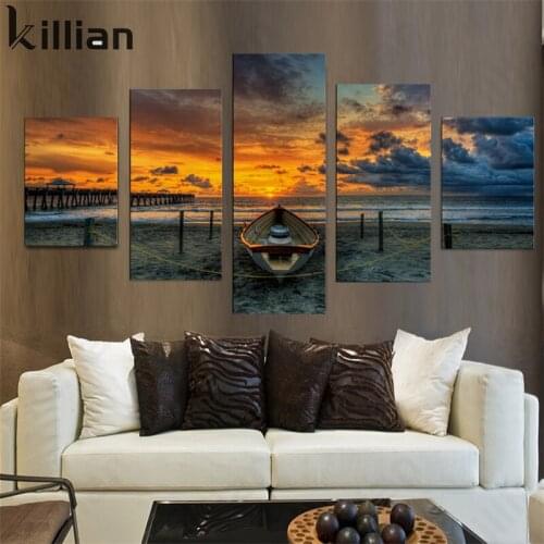 Small Fishing Boat Modern Print Waterproof Poster Fire Cloud Landscape Picture Living Room Home Decoration Canvas Painting Wall