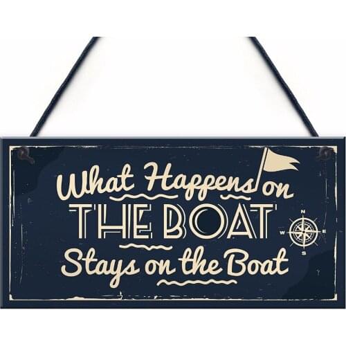 Meijiafei What Happens In The Boat Nautical Decor Theme Shabby Chic Hanging Beach Seaside Sea Sign Plaque 10" x 5"