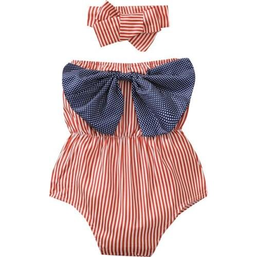 Cute Newborn Baby Girls Sleeveless Bowknot Striped Romper Jumpsuits One-Pieces Headband Infant Girls Summer Cotton Clothes