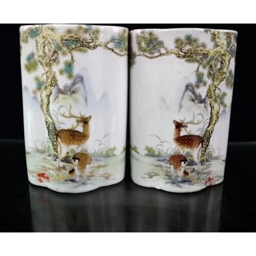 A pair Chinese Ceramic Pastel Famille Rose Porcelain Chinaware Deer Pine Tree Figure Pattern Oblate Flat Pen Holder Tubular Penr