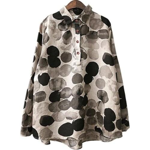 Cotton Linen Button Casual Shirts Vintage Polka Dot Print Vintage Blouses New Spring Women Shirts Plus Size Long Sleeve