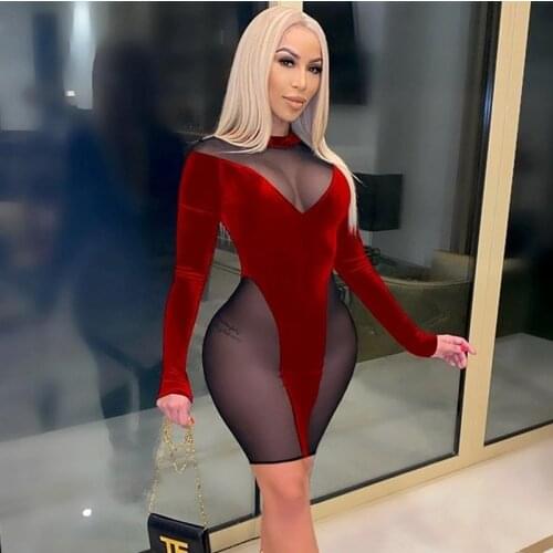 Plus Size Velvet Club Mini Dress Women Autumn Long Sleeve Sexy Dresses for Women Party Sheer Mesh Patchwork Black Bodycon Dress