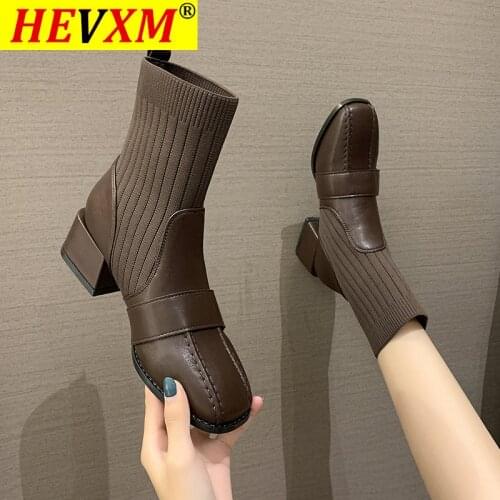 Warm Women Boots Slip-On Square Toe Autumn Knitted Elastic Woman Short Boots Fashion Ankle Boots Womens Soft Leather Shoes