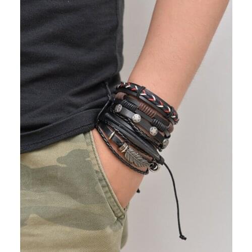 Vintage Men Bracelets Multilayer Leather Braid Bracelets Fashion Braided Handmade Star Rope Wrap Bracelets & Bangles Male Gift