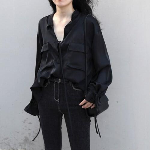 Vintage Satin Shirt Women Fashion Shirt Drawstring Collar Long Sleeve Loose Casual Summer Tops Plus Size Silky Blouse Chemise