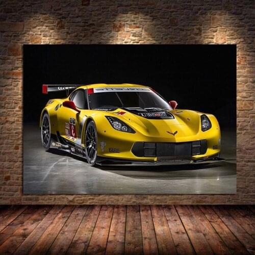 Sportscar Corvette C7R Yellow Vehicle Posters Modern Wall Art Picture Prints for Living Room Home Decor Canvas Painting Unframed
