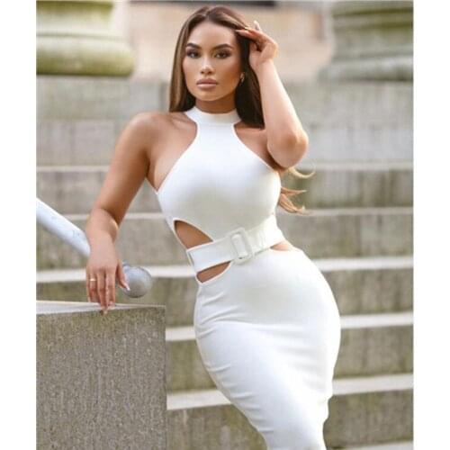 Women Summer Fashion Sexy Hollow Out Black White Midi Knee Length Bodycon Bandage Dress 2020 Female Evening Elegant Party Dress