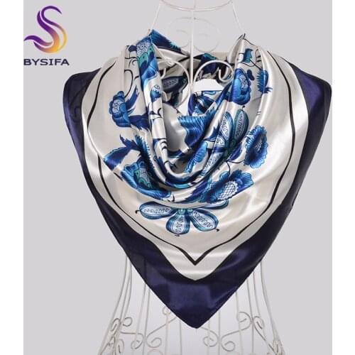 [BYSIFA] Chinese Style Blue White Silk Scarf Printed Women Fashion Accessories Neck Scarf Shawl 90cm Ladies Scarves Hijabs Red
