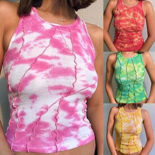 2021 Summer Tie Dye Print Crop Tops Women Casual Off Shoulder Knit Basic T Shirt Party Y2k Sexy Tank Tops Fashion 90s Vest