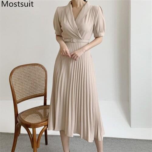 Korean Notched Collar Pleated Women Dress Summer Short Sleeve Belted Long Dresses Office Ladies Workwear Fashion Vestidos 2021