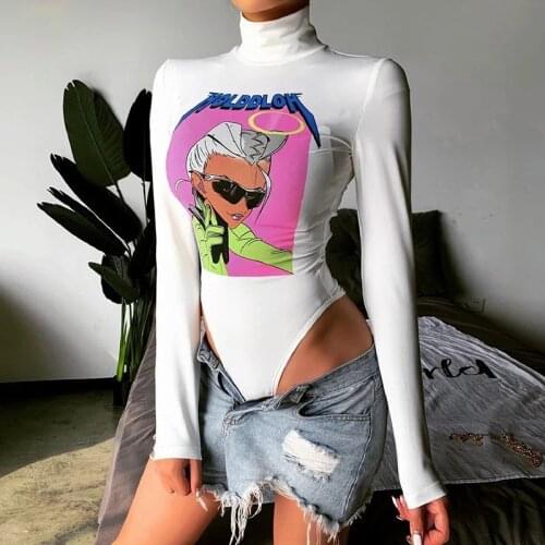 Womens Sexy Basic Bodysuit Fashion Girl Printed Long Sleeve Turtleneck Top Stretchy Romper Ladies Jumpsuit High Street Bacis