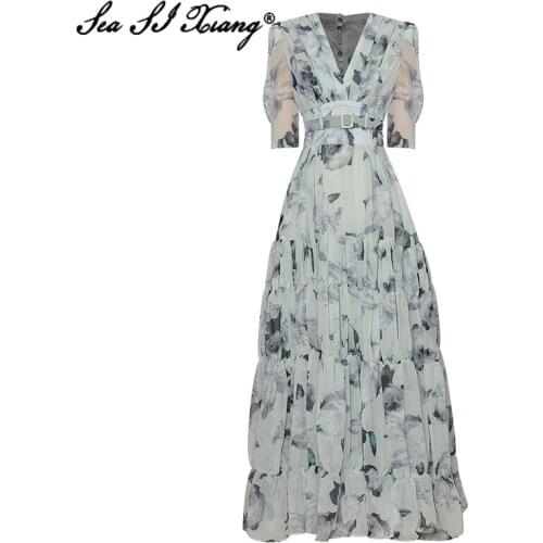 Seasixiang Fashion Designer Summer Chiffon Dress Women V-Neck Puff Sleeve Floral Print Sashes Pleated Dresses