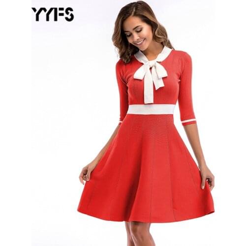 YYFS 2019 Knit Dress womens Fashion white Bow collar half sleeve elegant dresses new spring autumn fit and flare dresses femme