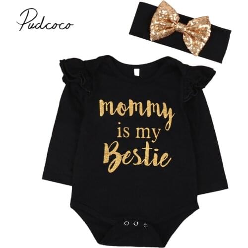 2018 Brand New Newborn Casual Toddler Baby Girl Boys Cotton Long Sleeve Black Bodysuit Headband 2PCS Jumpsuit Mommy is My Bestie
