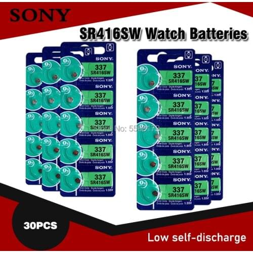 30pc Sony Original 337 SR416SW 1.55V Silver Oxide Watch Battery SR416SW 337 LR416 SB-A5 Button Coin Cell MADE IN JAPAN