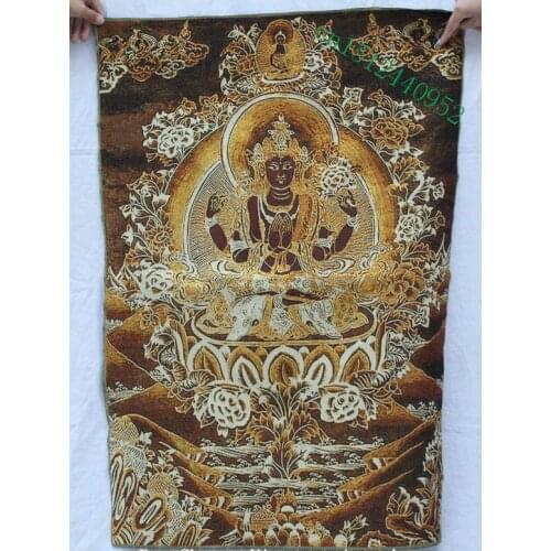 36 inch chinese Tibet Buddhism Silk embroidery 4 arms Chenrezig Buddha Thangka Painting Mural-41651
