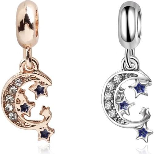 5PCS HTevak Rose Gold/Silver Color Crystal Moon and Enamel Star Goodnight Charm Bead Fit Bracelet DIY Jewelry Valentine Day Gift