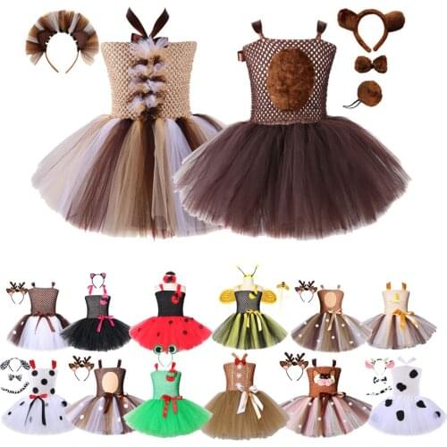 Baby Girls Halloween Animal Cosplay Costume Children Lion Puppy Bee Elk Frog Bear Costumes for Zoo Party Dress Up Tutu Dresses