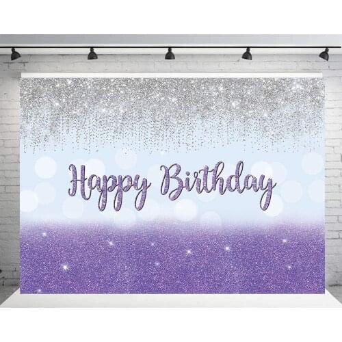 Sliver and Purple Happy Birthday Background Girls Glitter Bday Party Decoration Banner Cake Table Supplies Photography Backdrop