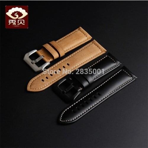 Classic Model Genuine Leather Watchband Pin Buckle 22 24mm Black/Tan Stitched Calfskin Strap for LUMINOR PAM111/441 Watch Sale