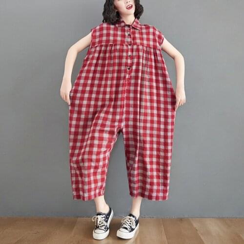 Korea Style Plaid Fashion Girls Summer Jumpsuits Cotton Short Sleeve Loose Rompers Street Wear Women Casual Jumpsuit Overalls