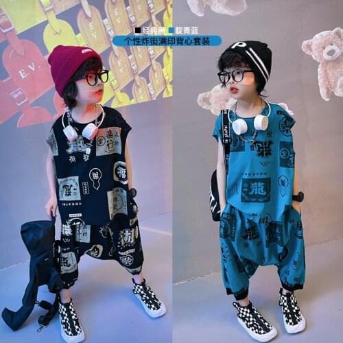 Boys' Vest Set Summer Childrens National Trend 2021 Summer New Medium and Large Childrens Thin T-shirt Two-piece Set Boys