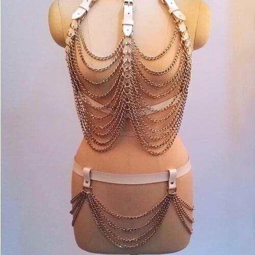 100% Handcrafted Heavy Duty Metal Chain Link Harness Leather Bra Chest Top Bralett Bondage Bottom Waist Belts