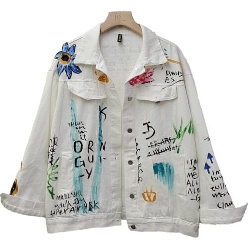 Fashion Letter Graffiti Hand Painted Denim Jacket Women White Blue Outerwear Korean Loose Short Jeans Jackets Female Streetwear
