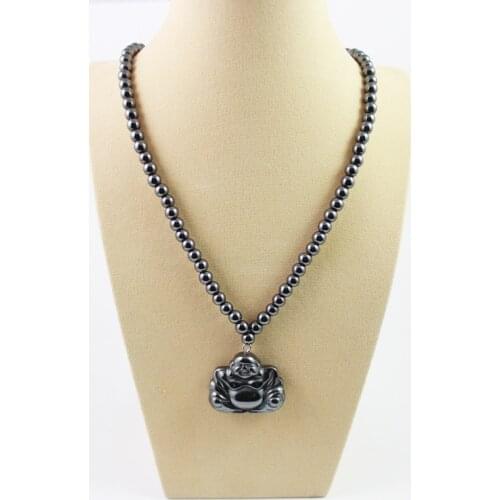 Magnetic Hematite Round Beads Beaded Necklace with Buddha Pendant Black Pendant Necklace Religious Jewelry