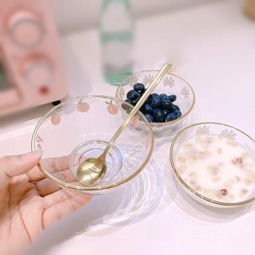 Lovely Peach Daisy Pattern Transparent Glass Bowl With Spoon Fruit Vegetable Salad Dessert Bowls Household Breakfast Tableware
