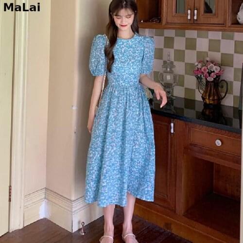 Kawaii Midi Dress French Backless Sweet Elegant Women Casual Short Sleeve Bow Floral Beach Dress Females Korean One Piece Dress