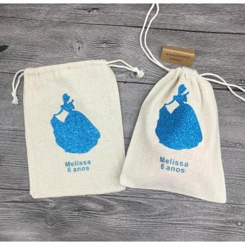 Customize any text Cinderella princess birthday baby shower baptism favor muslin gift Bags Christening Party gift bag
