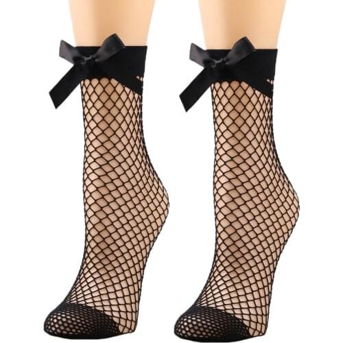 Streetwear Womens Harajuku Black Breathable Bow knot Fishnet Socks Sexy Hollow out Mesh Nets Socks Ladies Girls Bow