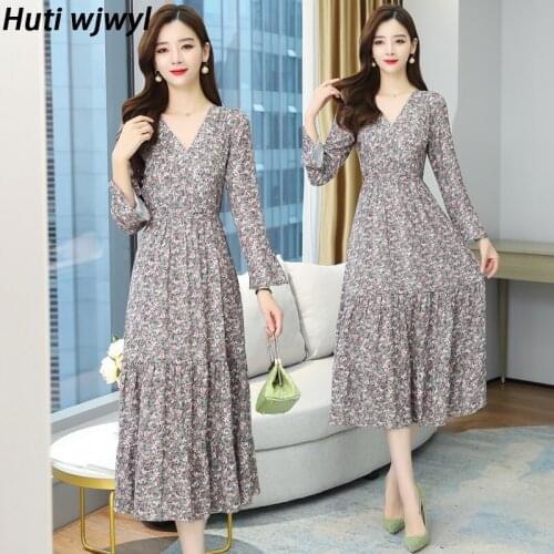 2021 Autumn Winter Vintage Chiffon Floral Midi Dress Plus Size Maxi Boho Dresses Elegant Women Party Long Sleeve Dress Vestidos