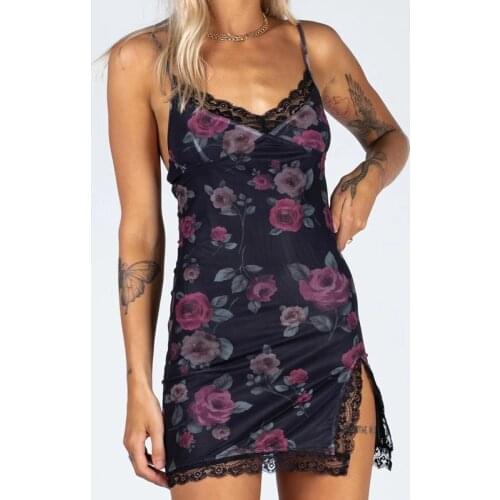 90s Retro Floral Print Mini Dress Women Sexy Lace Trim Slim Fit Split Hem Cami Dress Elegant Lady Club Party Night Clothes