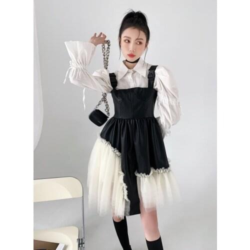 Puffy princess suspenders dress women summer spring and autumn design sense coffee break French retro suspender dresses